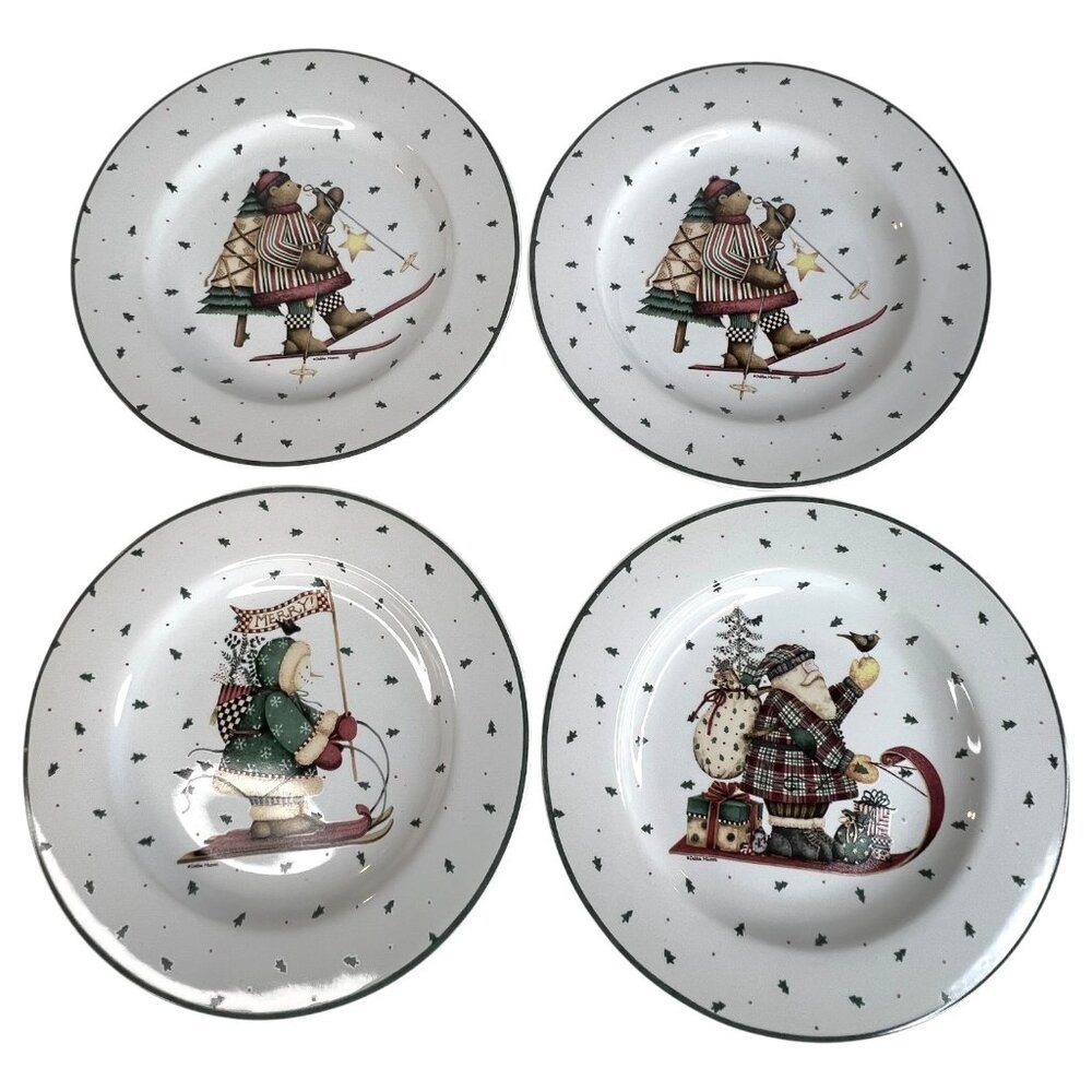 Set Of 4 Sakura Debbie Mumm Sledding Characters Ceramic Salad Plates 8.25 Skiing